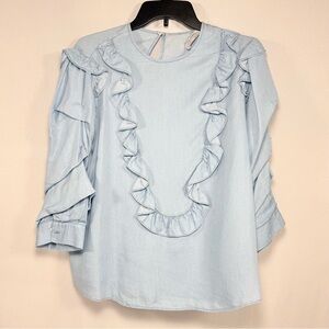 Ruffle Chambray Zara Woman Light Blue Cotton Denim Blouse L Large